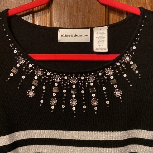 Alfred Dunner Black and Metallic Silver Striped Top with Embellished Neckline - Picture 2 of 5